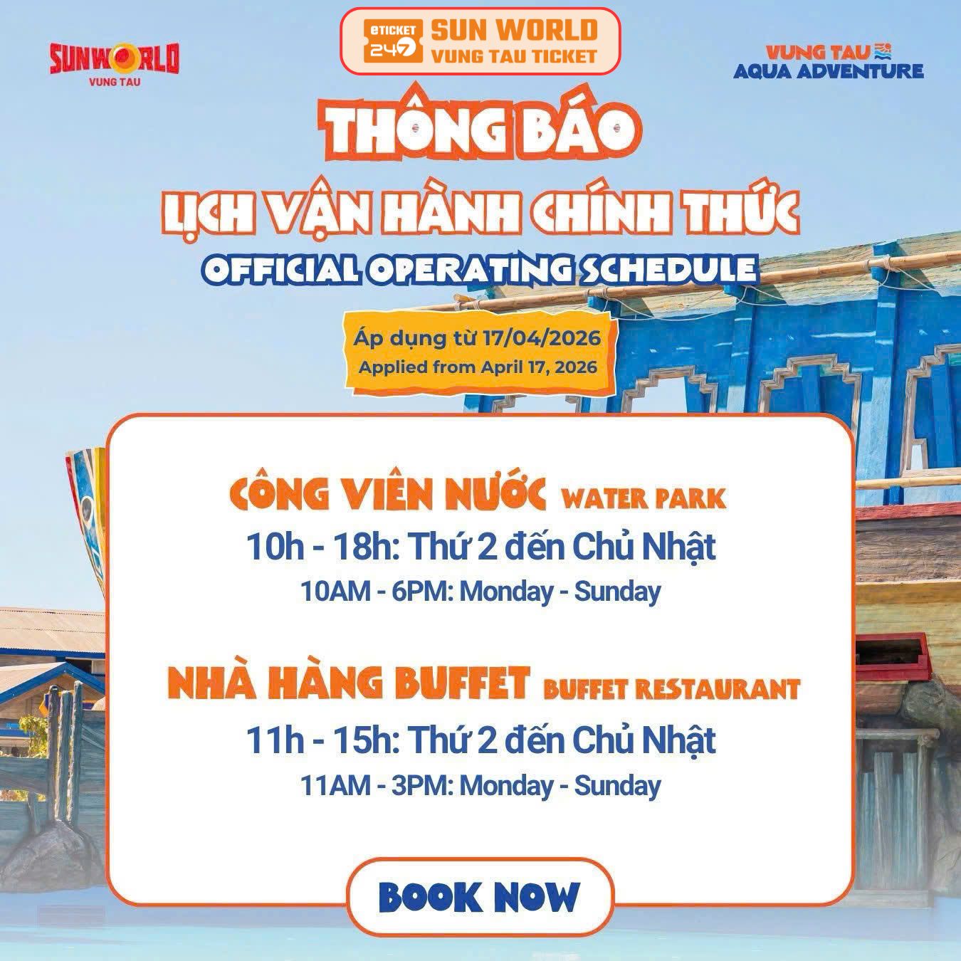 Giờ hoạt động Sun World Vũng Tàu, Công viên nước Vũng Tàu Aqua Adventure, giờ mở cửa, giờ đóng cửa