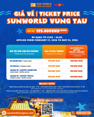 Bảng giá vé Sun World Vũng Tàu, giá vé Công viên nước Aqua Adventure siêu ưu đãi giảm giá, khuyến mãi vàng 2026
