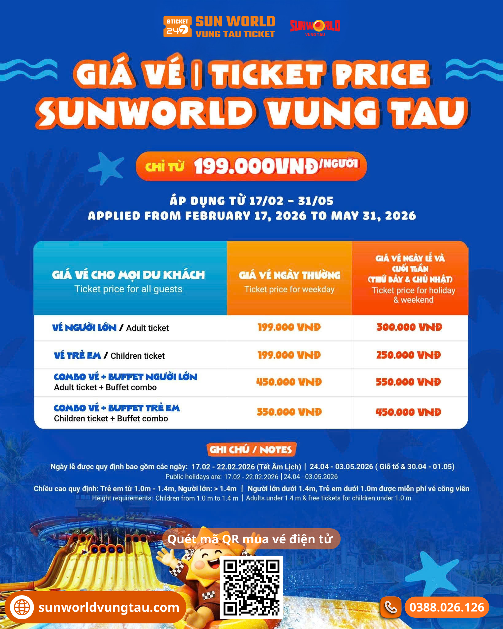Bảng giá vé Sun World Vũng Tàu, giá vé Công viên nước Aqua Adventure siêu ưu đãi giảm giá, khuyến mãi vàng 2026