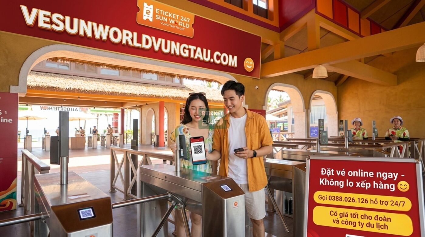 Một du khách đang dùng màn hình điện thoại quét mã vé QR tại cổng an ninh khu vui chơi