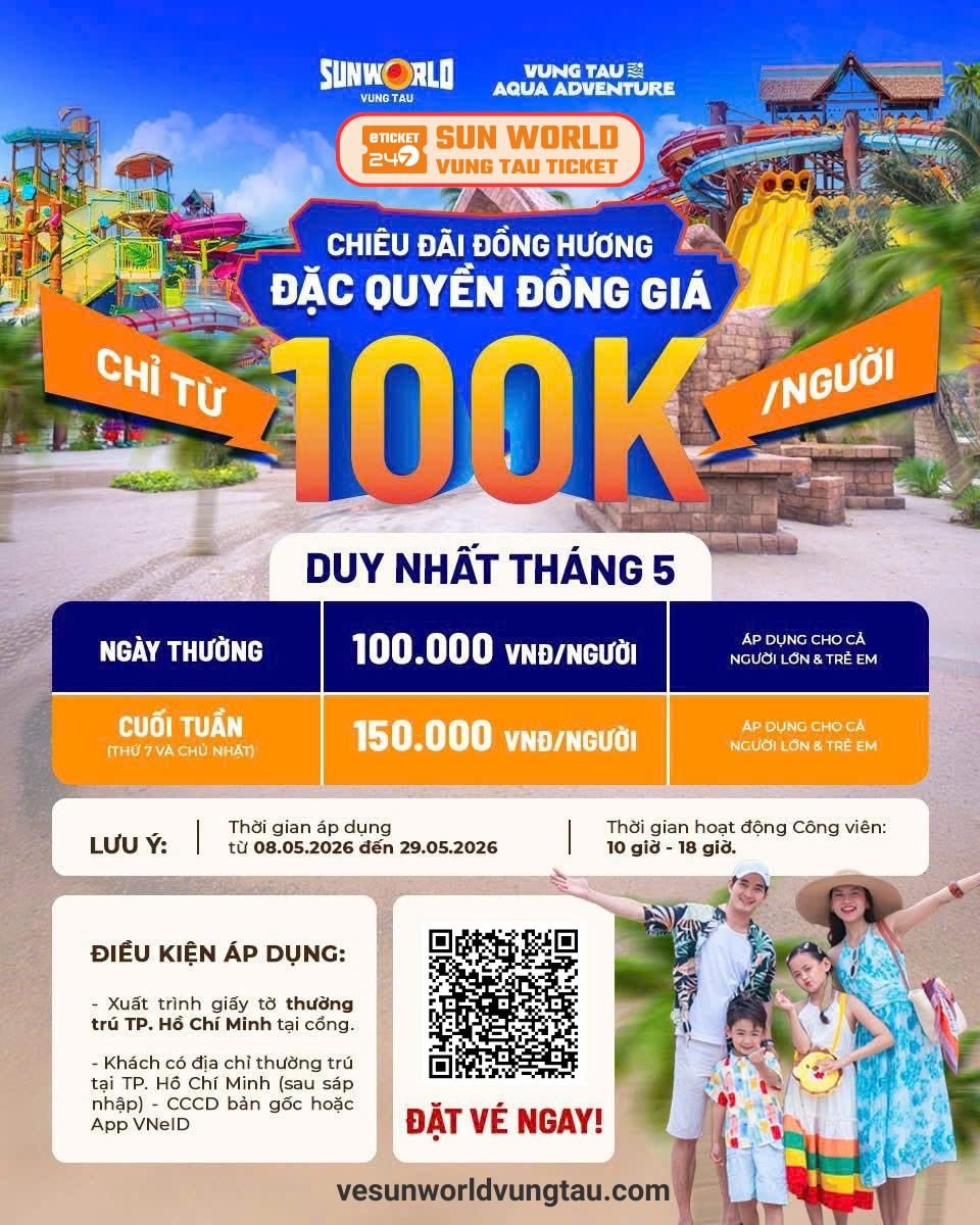 Banner chương trình khuyến mãi Chiêu Đãi Đồng Hương đồng giá vé 100k tại Sun World Vũng Tàu